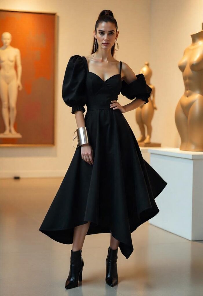 woman in a black avant-garde bubble dress with puff sleeves stands in an art gallery.