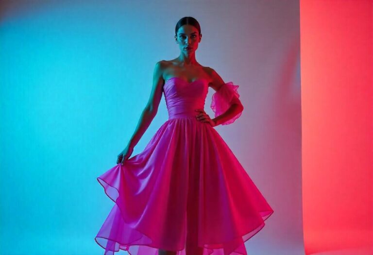 model in a bold fuchsia bubble dress poses dramatically against a modern backdrop.