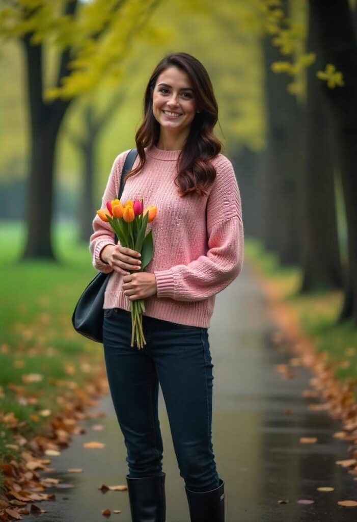 woman in a pink oversized sweater and slim jeans holding flowers in a park