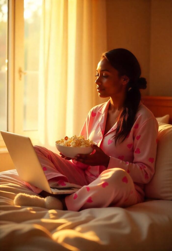 woman in heart-print loungewear on a bed with popcorn and a laptop