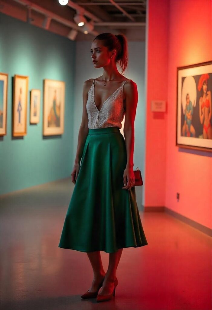 woman in a green midi skirt and lace blouse at an art gallery.