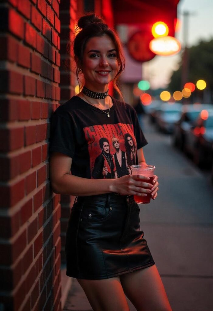 A woman in a graphic tee and leather skirt outside a dive bar.