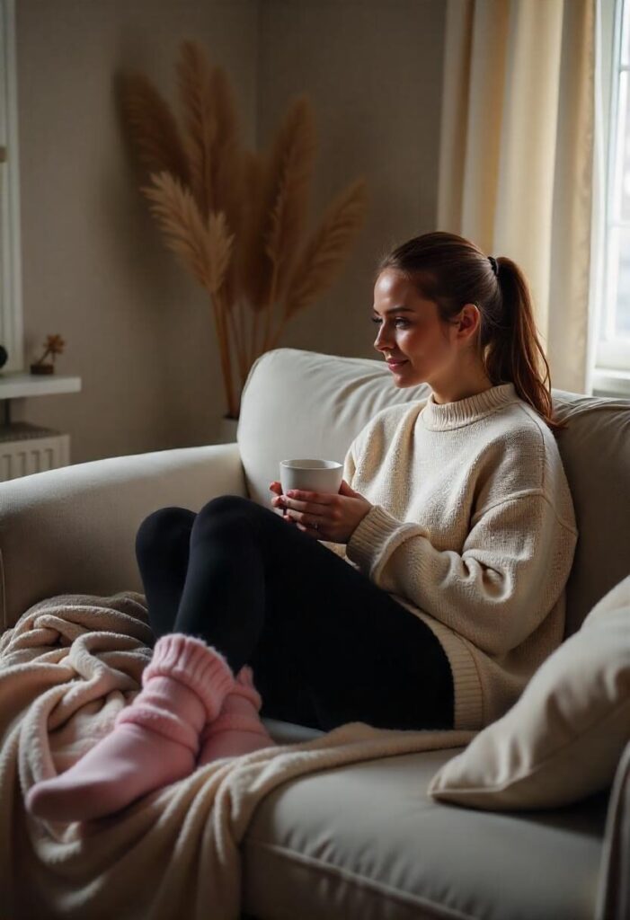 A woman in an oversized sweater and leggings on a couch with cocoa.