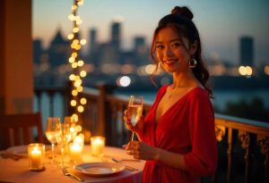 woman in a red wrap dress with champagne on a candlelit balcony.