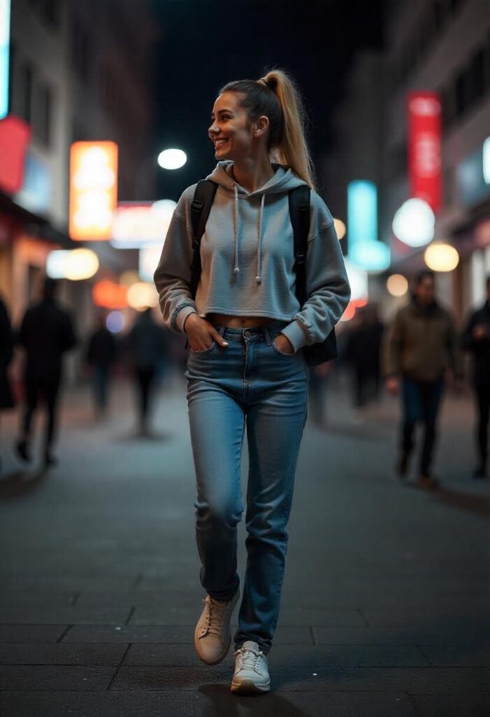 A woman in a cropped hoodie and jeans on a city street.
