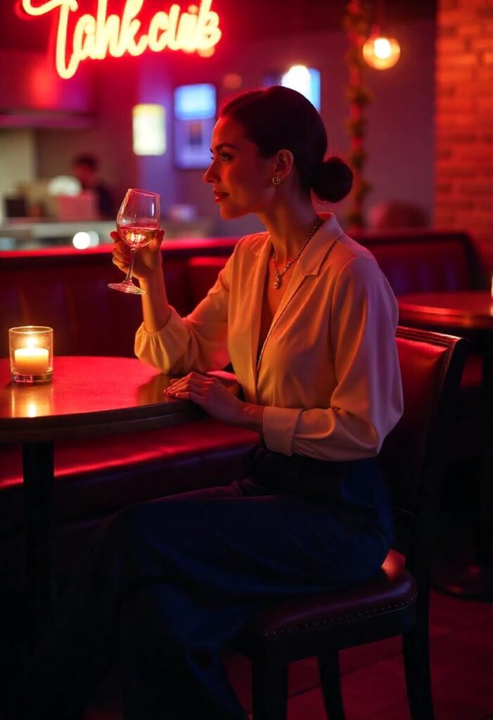woman in a silk blouse and wide-leg pants at a jazz club table.