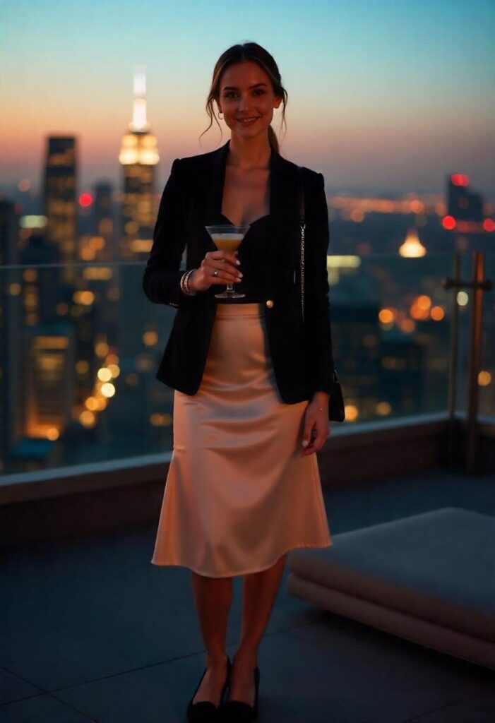 A woman in a blazer and slip skirt at a rooftop bar with a cocktail.