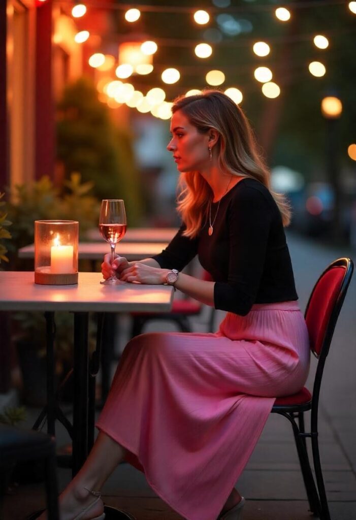 A woman in a knit top and pink midi skirt at an outdoor bistro.
