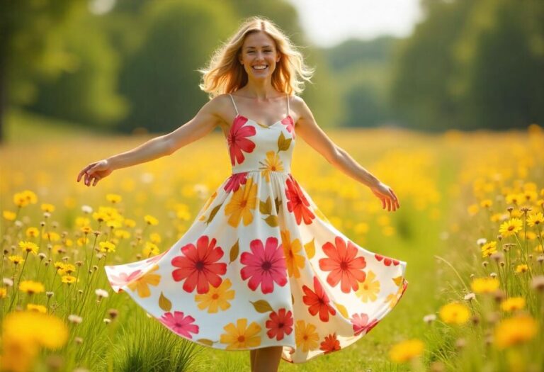 woman twirling happily in a colorful floral maxi dress in a sunny meadow.