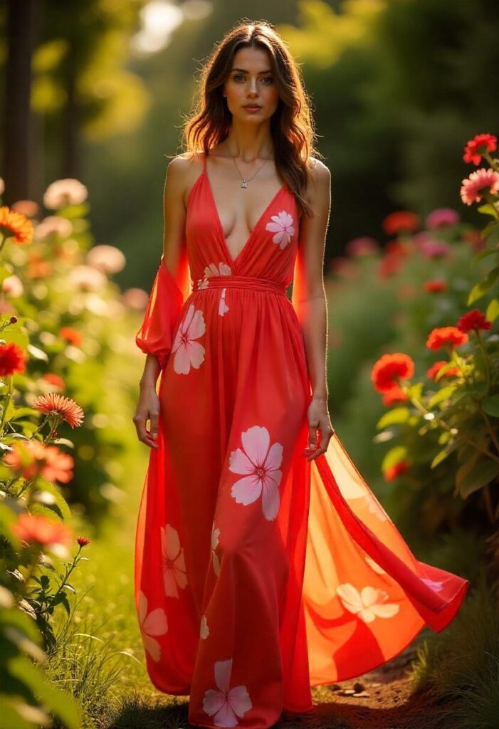 woman in a red and pink floral maxi dress with a deep V-neck and long sleeves, standing in a garden.