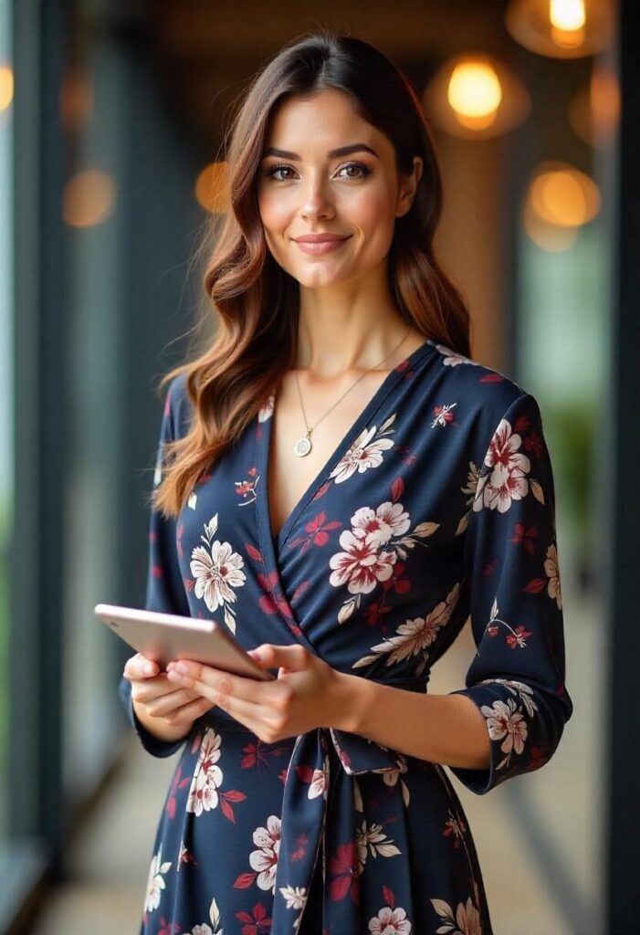 woman in a muted floral wrap dress with three-quarter sleeves, standing in an office.