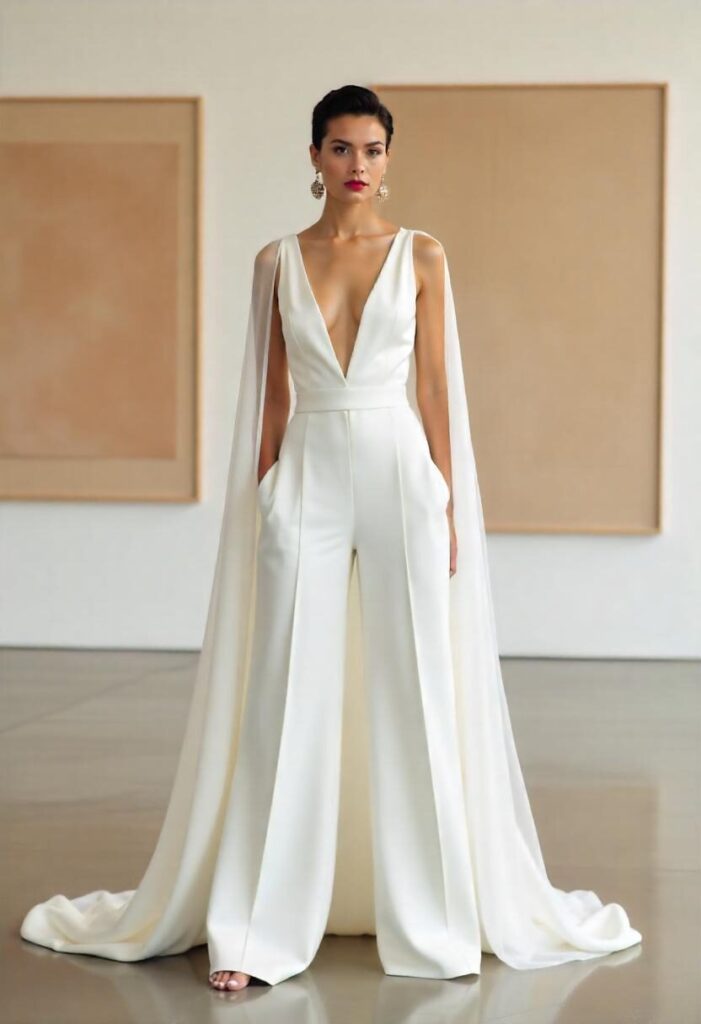 Bride in a tailored satin wedding jumpsuit with an organza cape, standing in a modern art gallery.