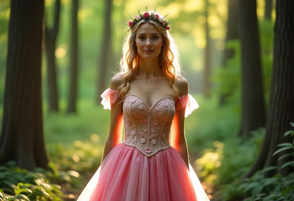 Bride in a floral-embroidered, gradient tulle wedding dress with a twig-and-flower tiara, standing in an enchanted forest.