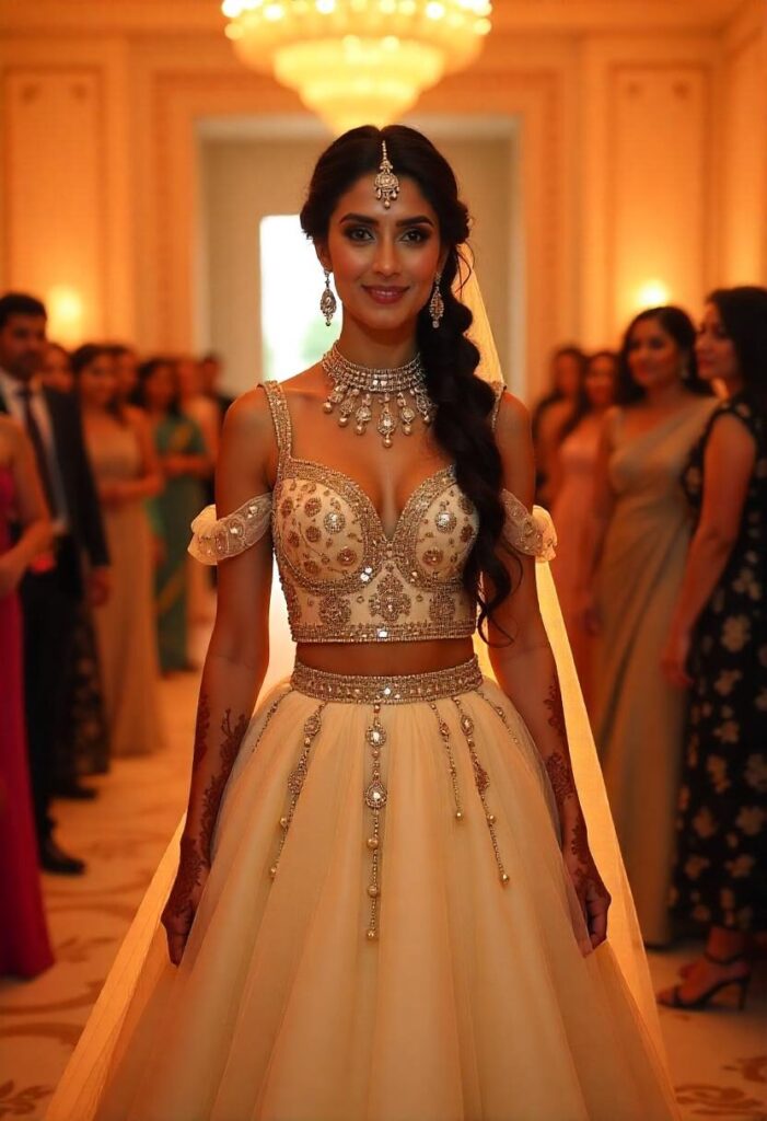 Bride in a cultural fusion wedding dress with an embroidered Indian choli and white tulle skirt, walking down the aisle.