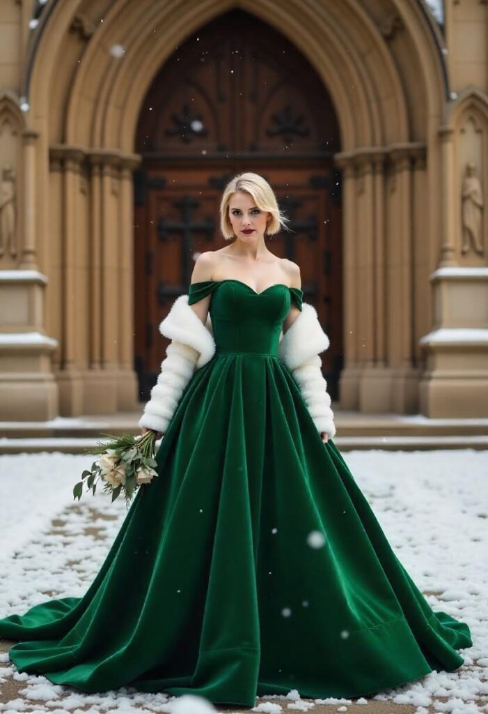Bride in an emerald green velvet wedding dress with a faux fur stole, standing outside a cathedral in a snowy winter setting..