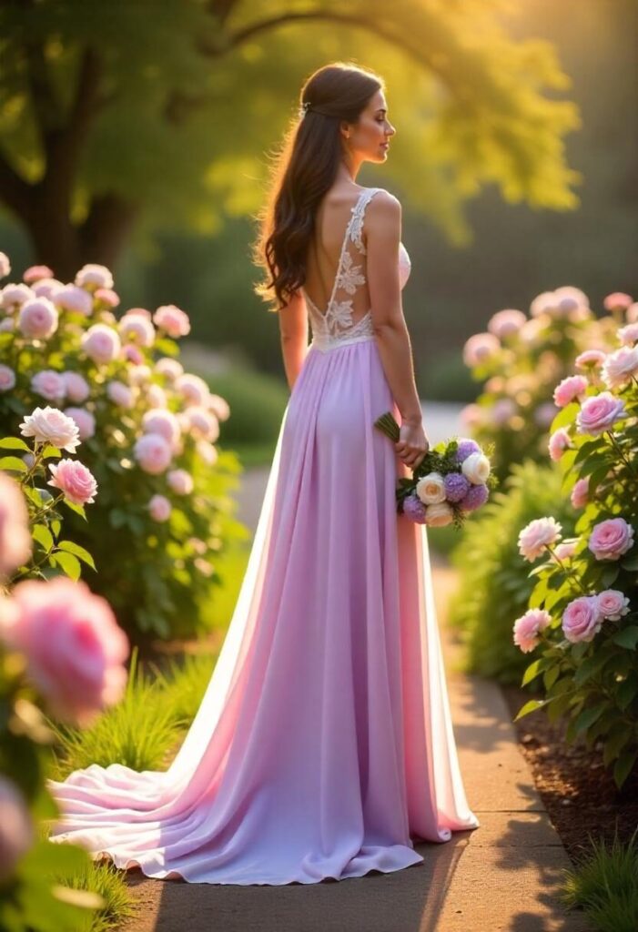 Bride in a lavender chiffon and lace wedding dress with a floral bouquet, standing in a sunlit garden.