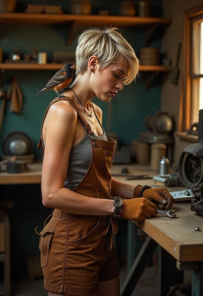steampunk mechanic in shorts, an apron, and welding goggles, working in a cluttered workshop with a mechanical bird on her shoulder.