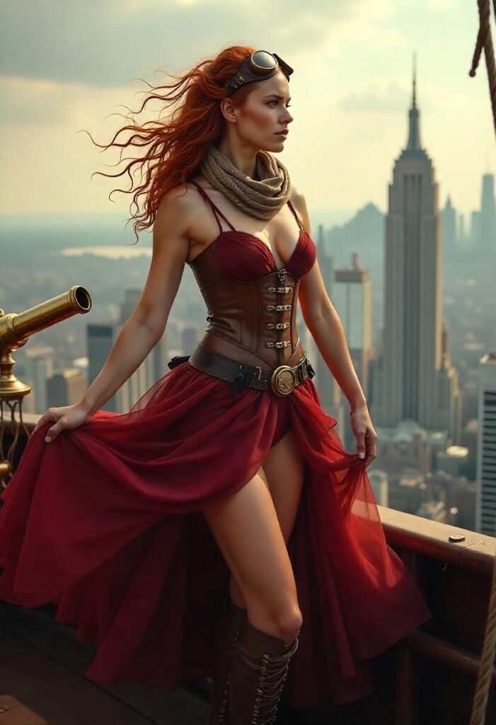 A bohemian steampunk airship captain in a silk and tulle dress with a corset belt, standing at the helm of an airship with a cityscape in the background.