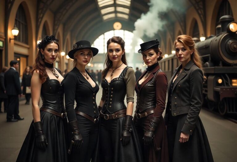 Five women in diverse steampunk outfits posing in a Victorian train station with steam-powered locomotives and a grand clock in the background.