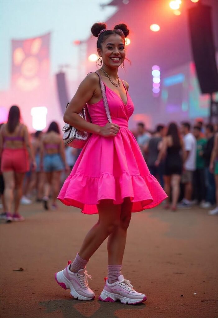 woman in a pink bubble dress dancing at a music festival.