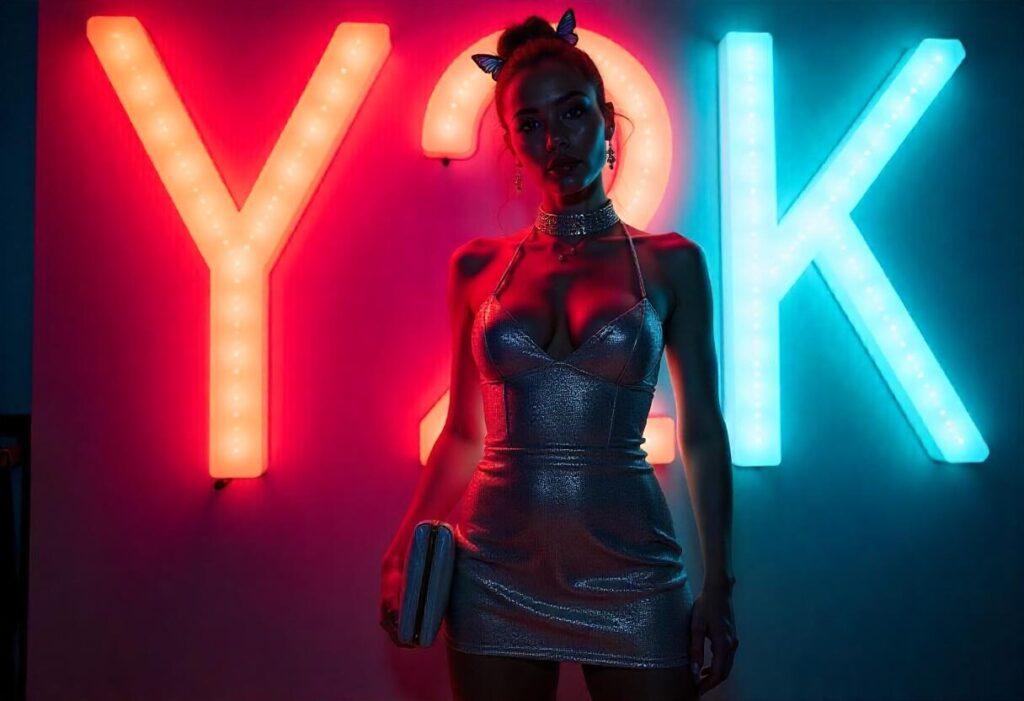 woman in a silver Y2K halter dress posing in front of a neon sign.