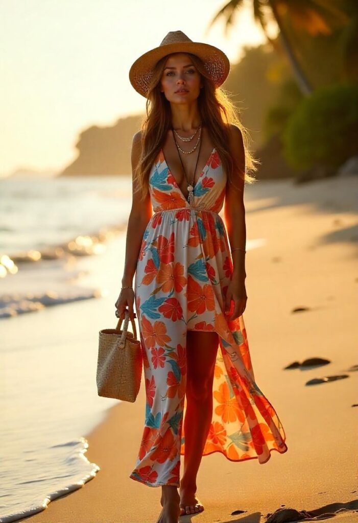 woman in a floral maxi dress and straw hat standing on a sunlit beach at golden hour
