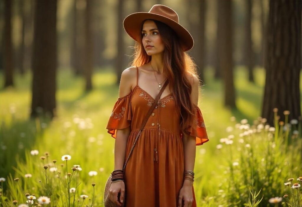A woman in an off-the-shoulder terracotta maxi dress and wide-brim hat standing in a sun-dappled forest clearing.