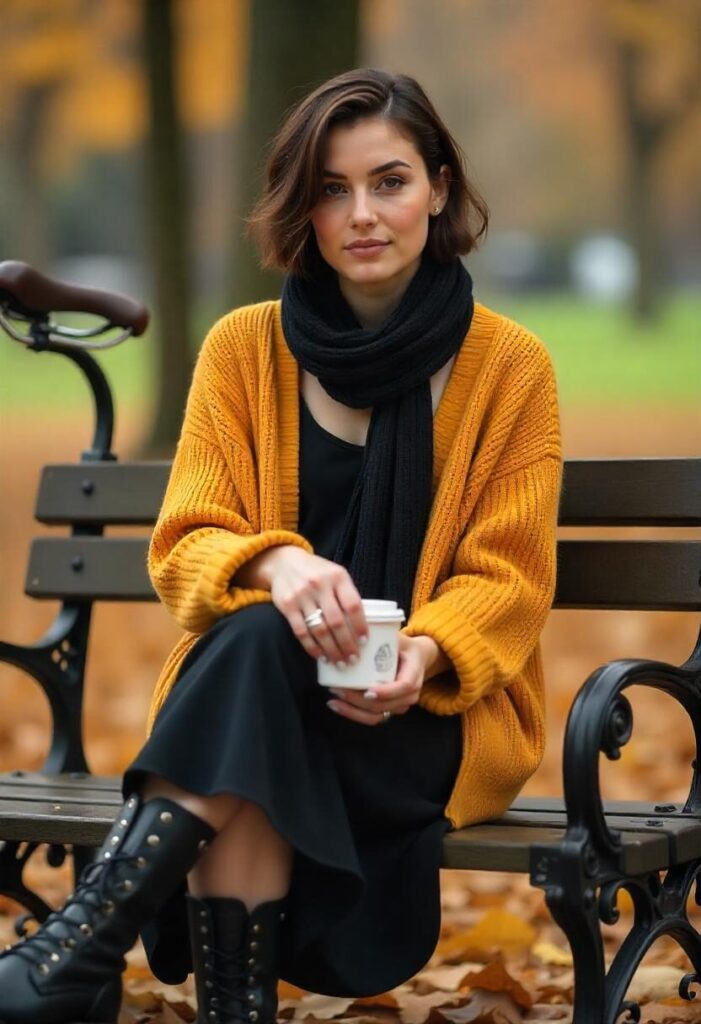 A woman in an oversized cardigan, slip dress, and combat boots sitting on a park bench with a book and coffee.