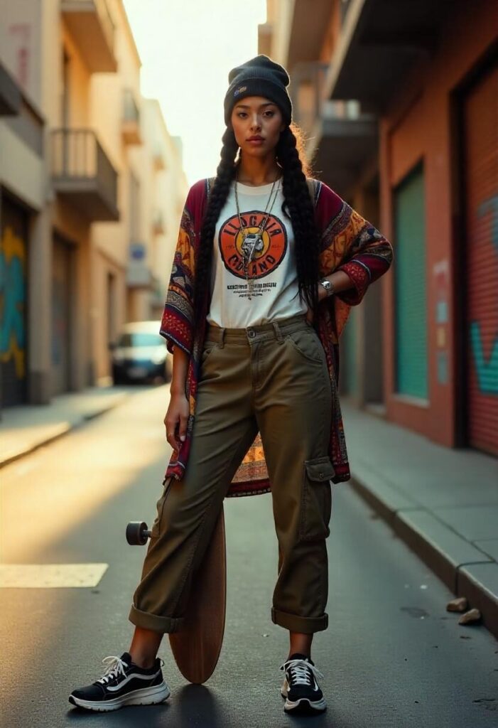 A woman in a graphic tee, cargo pants, kimono, and sneakers posing on a city street with graffiti.