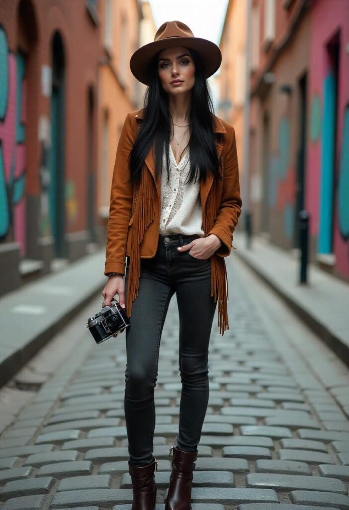 A woman in a fringe jacket, lace blouse, and skinny jeans on a cobblestone street with murals.