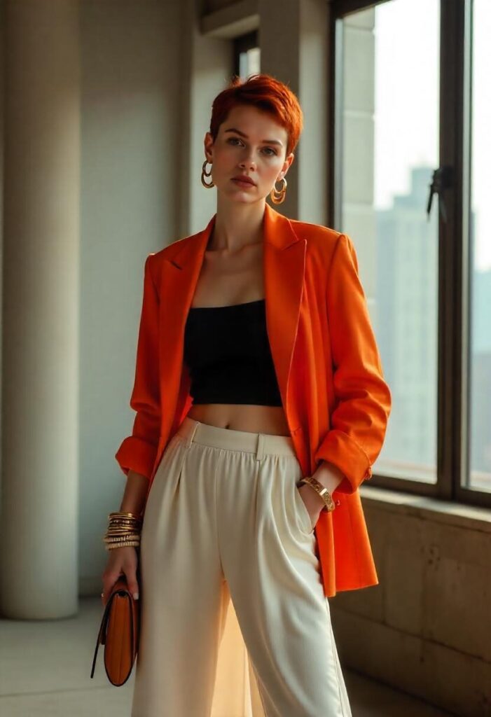 woman in an oversized blazer, maxi skirt, and tank top in a modern loft with city views.