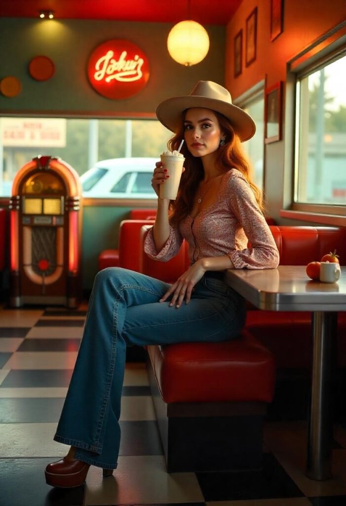 A woman in a paisley blouse, flared jeans, and platform sandals sitting in a retro diner.