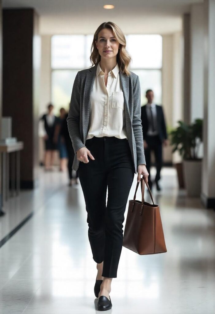 Woman in black tailored pants and cream blouse walking in a corporate lobby.