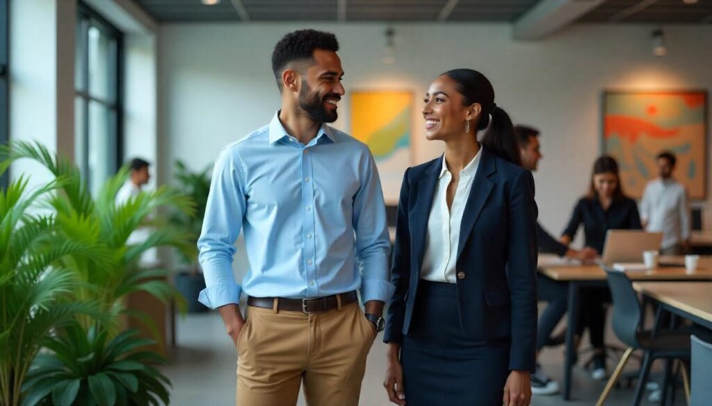 A diverse group of professionals in business casual attire interacting in a modern office with glass walls, plants, and artwork, lit by natural daylight.