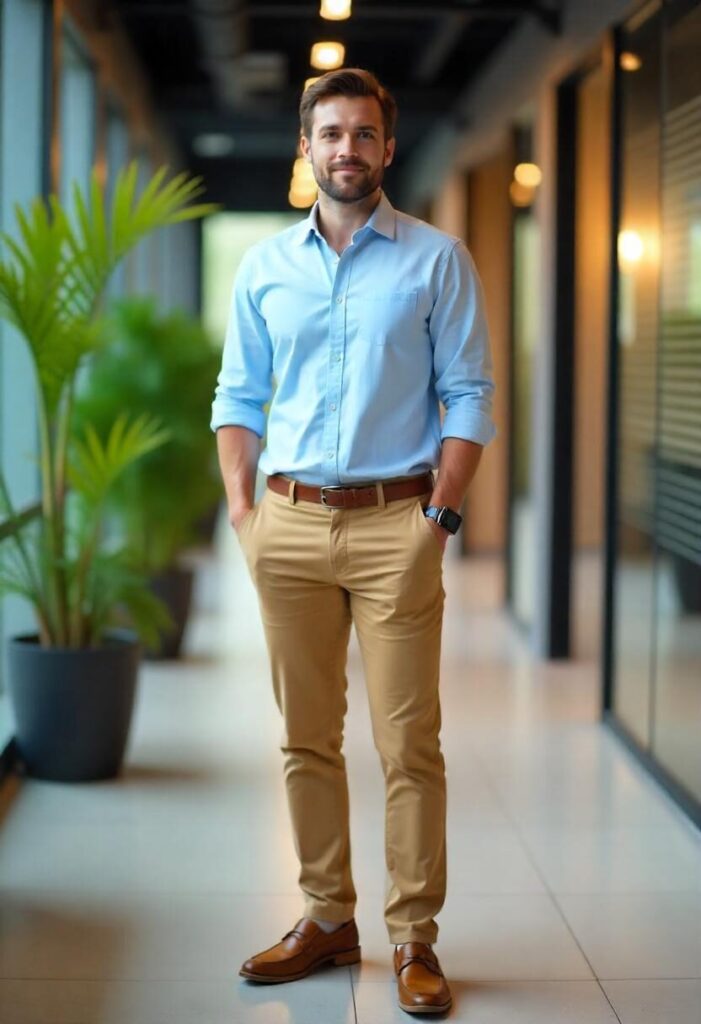 Man in khaki chinos and blue button-down shirt in a modern office hallway.