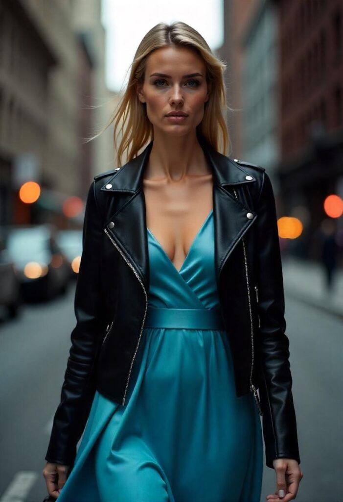 Woman in satin blue and black dress with leather jacket in the city.
