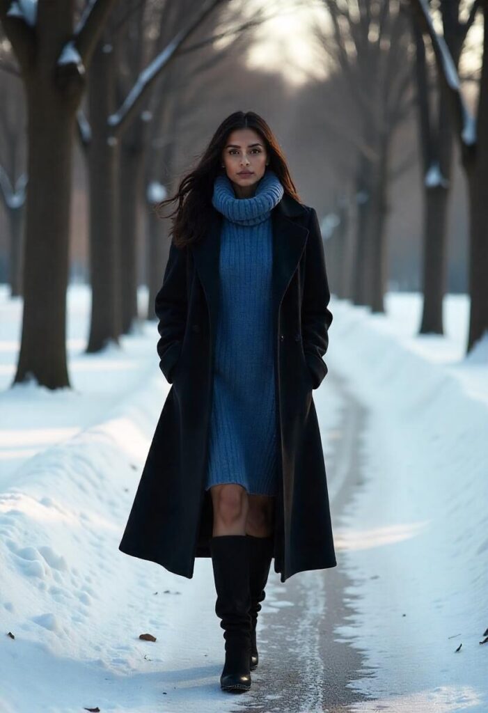 Woman in blue and black dress with winter layers in a snowy park.