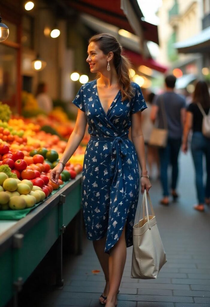 Woman in casual blue and black wrap dress at a farmer’s market
