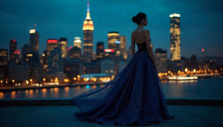 Woman in a stunning blue and black gown against a city skyline.