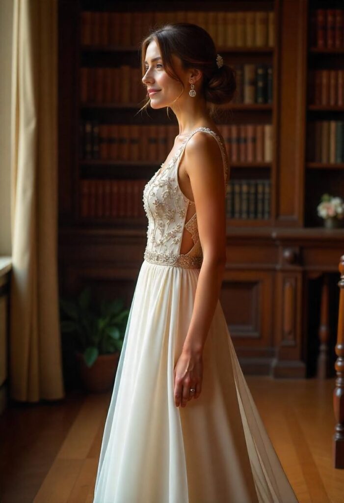 bride in a vintage drop waist wedding dress with beading in a Gatsby-style setting