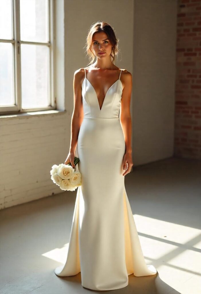 in a modern drop waist wedding dress in an urban loft.