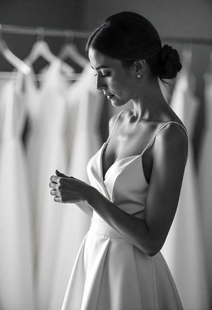 bride feeling the fabric of a satin drop waist wedding dress in a showroom