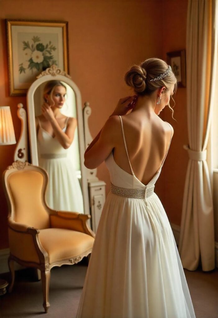 bride accessorizing her drop waist wedding dress with earrings and a crystal belt