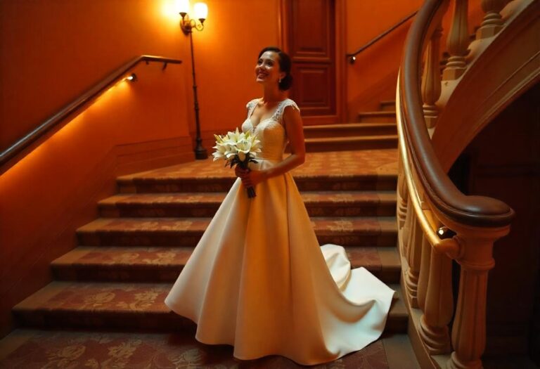 bride in a drop waist wedding dress on a grand staircase