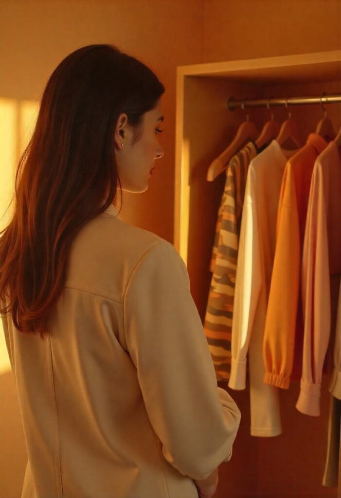 Person discovering their personal style by trying on different outfits.