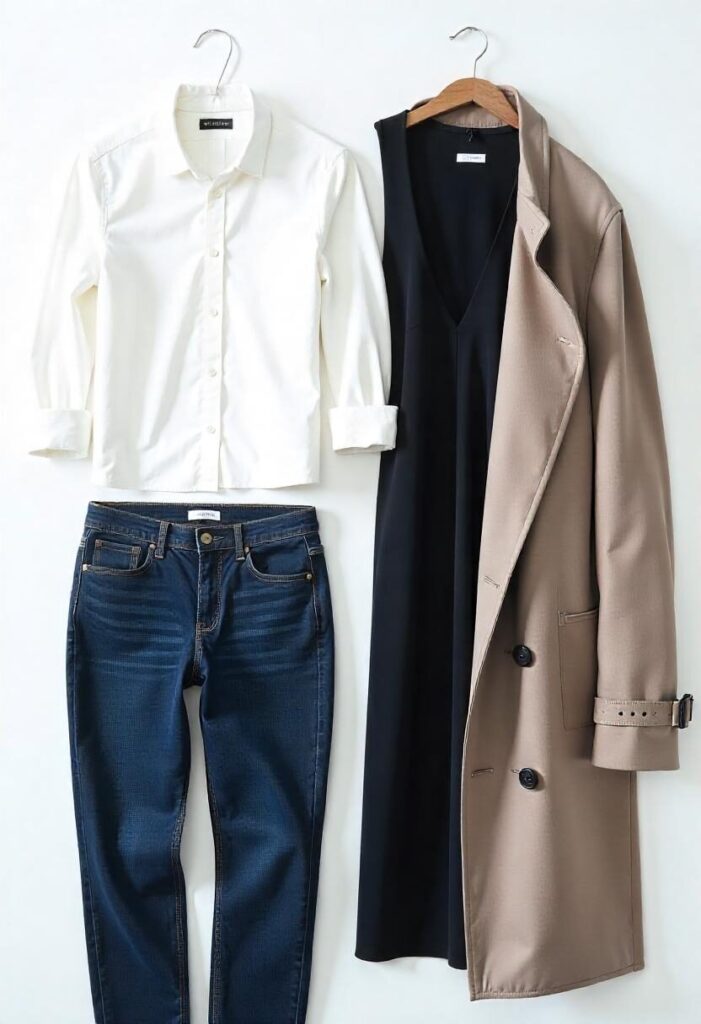 Essential wardrobe pieces for effortless elegance, including a white shirt, blazer, jeans, LBD, and trench coat.