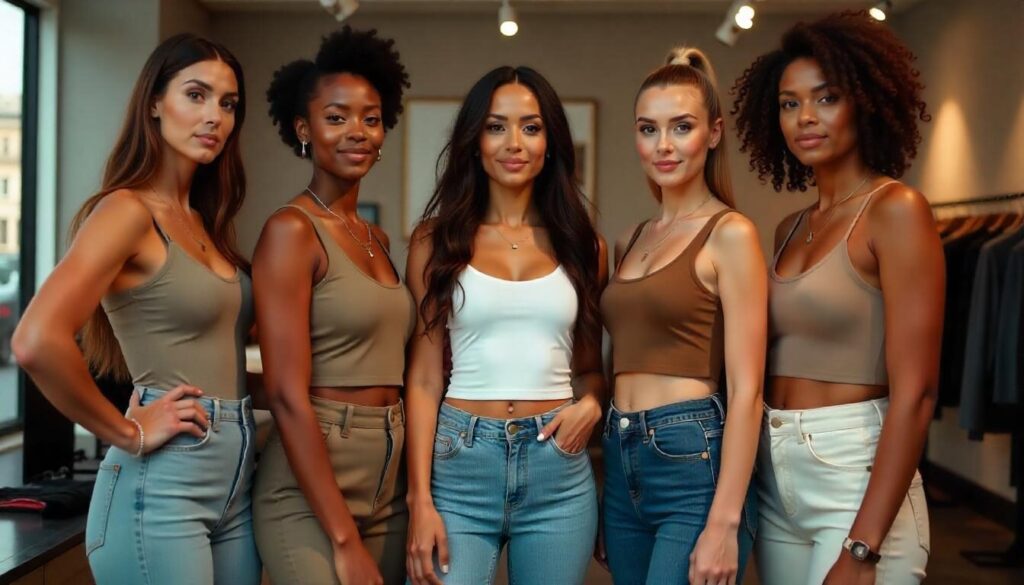 Group of diverse women in flattering outfits for different body types, in a fashion showroom.