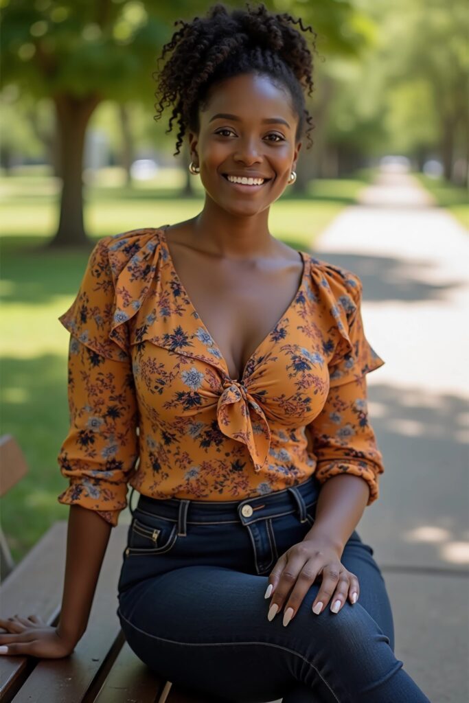 Woman with pear-shaped body in a patterned blouse and jeans, sitting in a park.