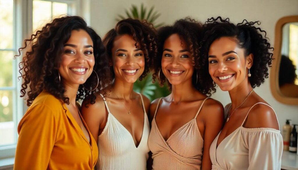 Three women showcasing different curl types: Type 2A wavy, Type 3B curly, and Type 4C coily hair.