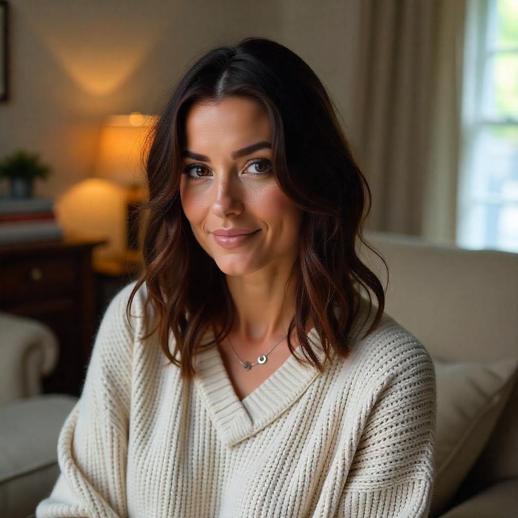 Woman with Type 2C wavy hair using the twist and clip technique in a cozy living room.